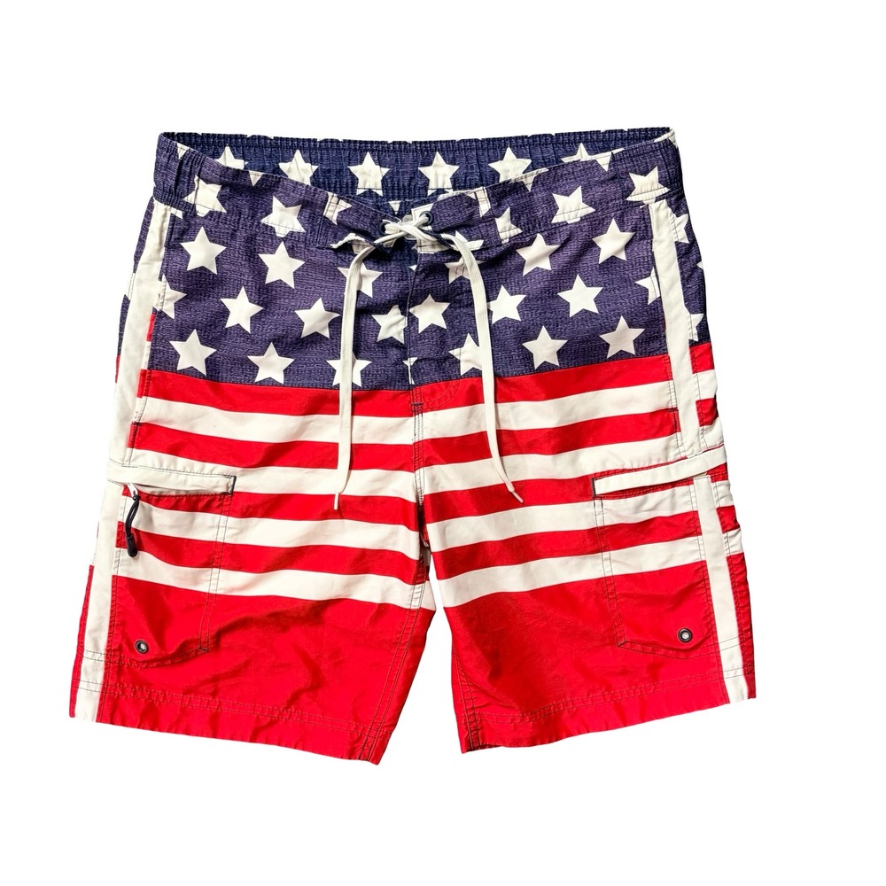 American Flag Swimming Trunks Stars Stripes Red White Blue Board Shorts Large